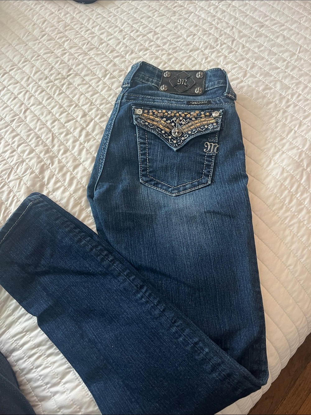 Miss Me early 2000 style Dark Blue Straight Leg Jeans with Jeweled Back Pocket